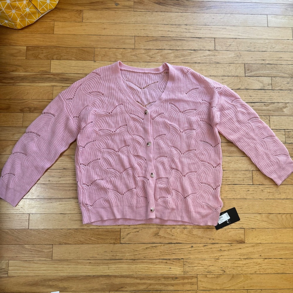 Kohl's Pink Pointelle Scallop Knit V-Neck Cardigan Sweater‎ XL NWT